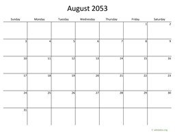 August 2053 Calendar with Bigger boxes
