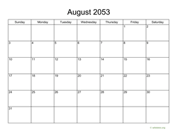 Basic Calendar for August 2053