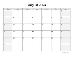 August 2053 Calendar with Weekend Shaded