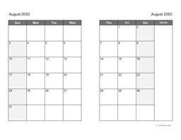 August 2053 Calendar on two pages