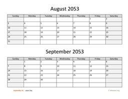 August and September 2053 Calendar