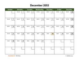 December 2053 Calendar with Day Numbers