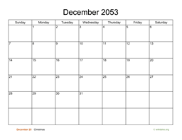 Basic Calendar for December 2053