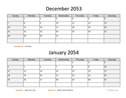 December 2053 and January 2054 Calendar