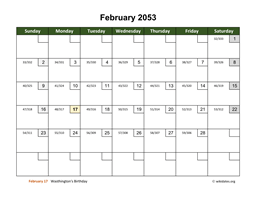 February 2053 Calendar with Day Numbers
