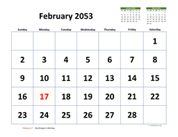 February 2053 Calendar with Extra-large Dates