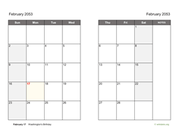 February 2053 Calendar on two pages