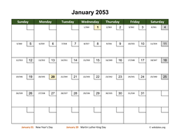 January 2053 Calendar with Day Numbers