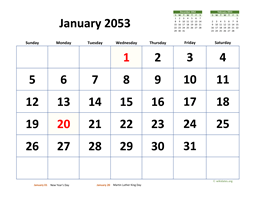 January 2053 Calendar with Extra-large Dates