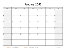 January 2053 Calendar with Weekend Shaded