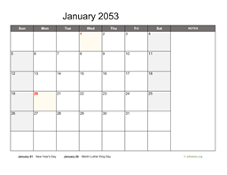 January 2053 Calendar with Notes