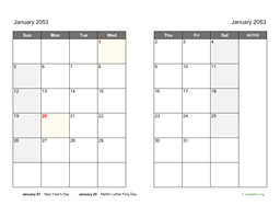 January 2053 Calendar on two pages