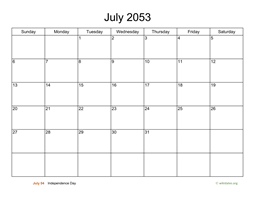 Basic Calendar for July 2053