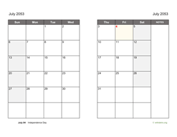July 2053 Calendar on two pages