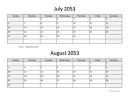 July and August 2053 Calendar