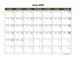 June 2053 Calendar with Day Numbers