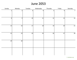 June 2053 Calendar with Bigger boxes