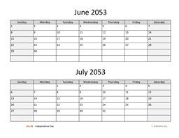 June and July 2053 Calendar