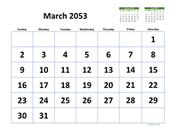 March 2053 Calendar with Extra-large Dates