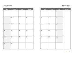 March 2053 Calendar on two pages