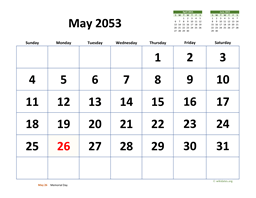 May 2053 Calendar with Extra-large Dates
