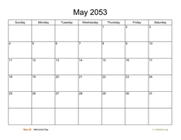 Basic Calendar for May 2053