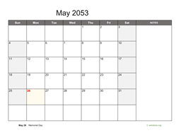 May 2053 Calendar with Notes