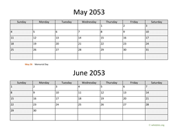 May and June 2053 Calendar
