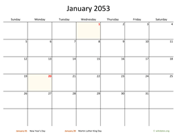 Monthly 2053 Calendar with Bigger boxes