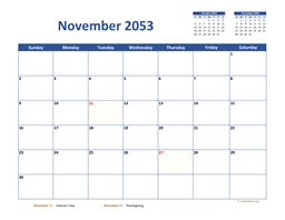 November 2053 Calendar Classic