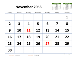 November 2053 Calendar with Extra-large Dates
