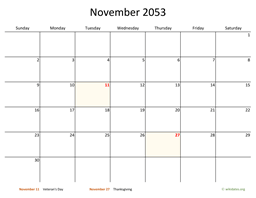 November 2053 Calendar with Bigger boxes