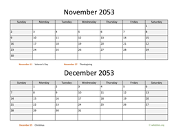 November and December 2053 Calendar