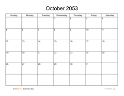 Basic Calendar for October 2053