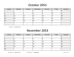 October and November 2053 Calendar