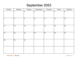 Basic Calendar for September 2053