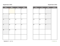 September 2053 Calendar on two pages