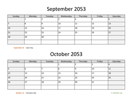 September and October 2053 Calendar