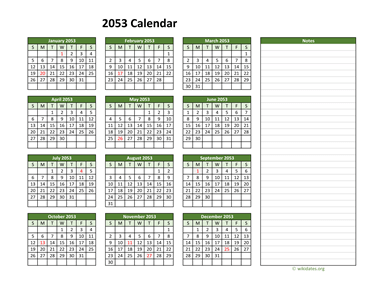 Yearly Printable 2053 Calendar with Notes