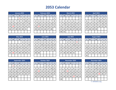2053 Calendar in PDF | WikiDates.org