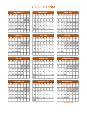 Full Year 2053 Calendar on one page