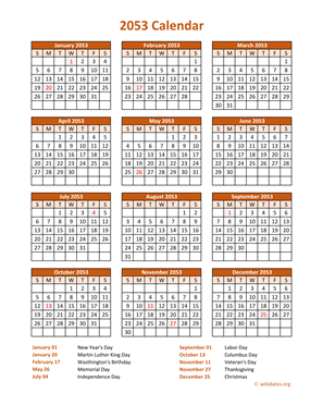 Calendar 2053 Vertical