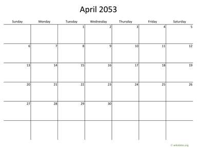 April 2053 Calendar with Bigger boxes