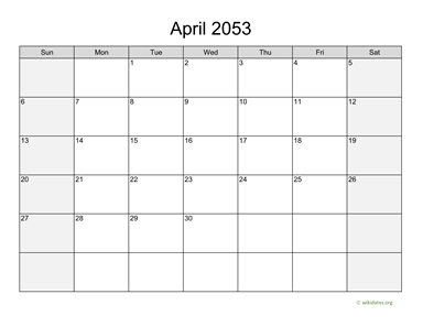 April 2053 Calendar with Weekend Shaded