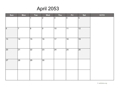 April 2053 Calendar with Notes