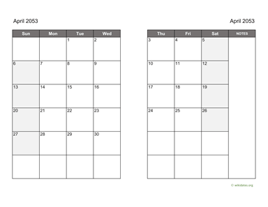 April 2053 Calendar on two pages
