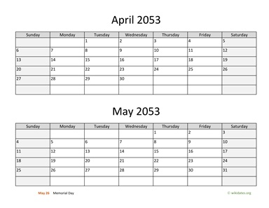 April and May 2053 Calendar Horizontal