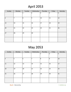 April and May 2053 Calendar Vertical