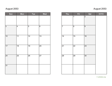August 2053 Calendar on two pages