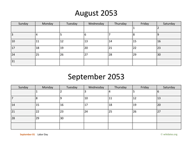 August and September 2053 Calendar Horizontal